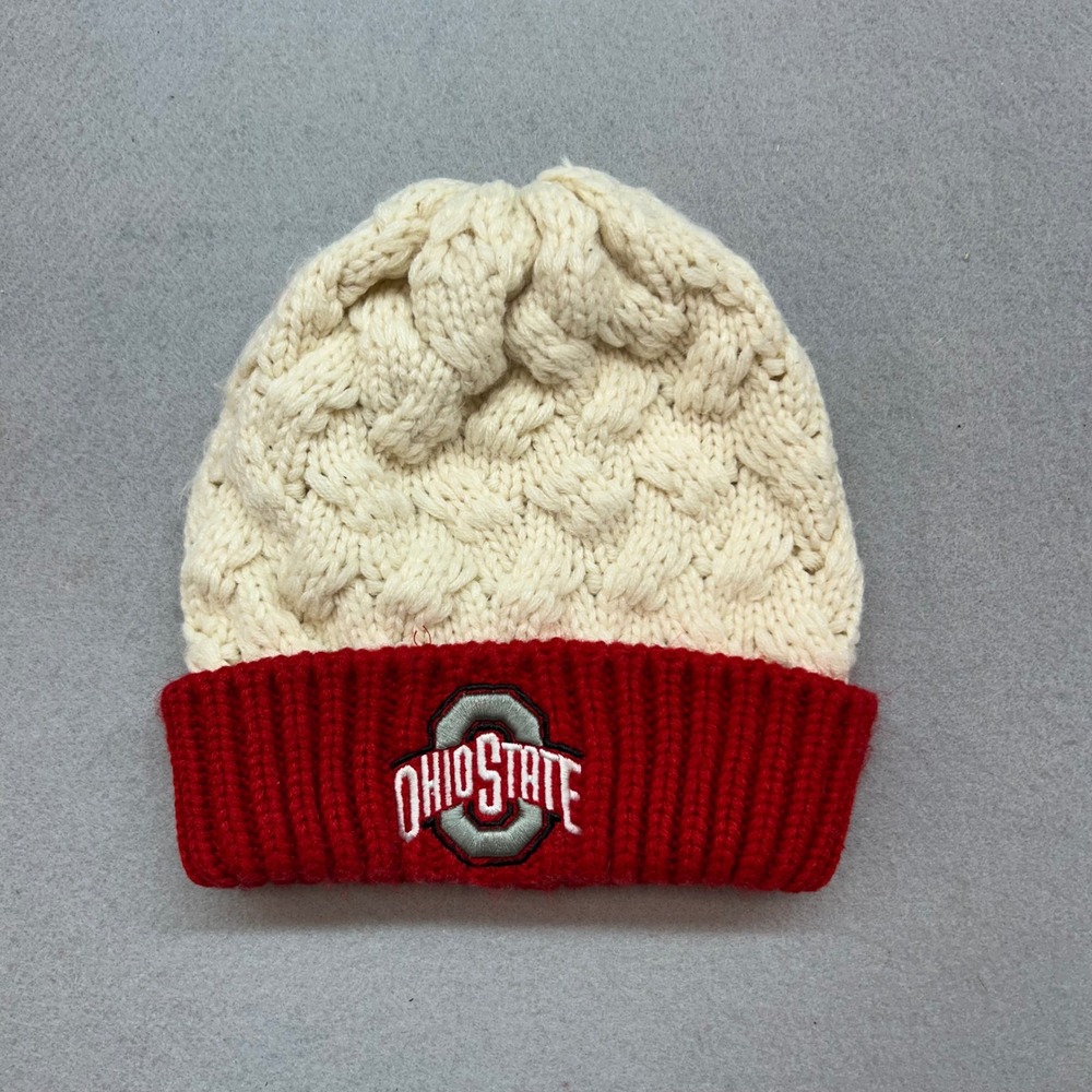 Fan Favorite Ohio State Buckeyes Women's Cable Knit Beanie Hat Cream Red